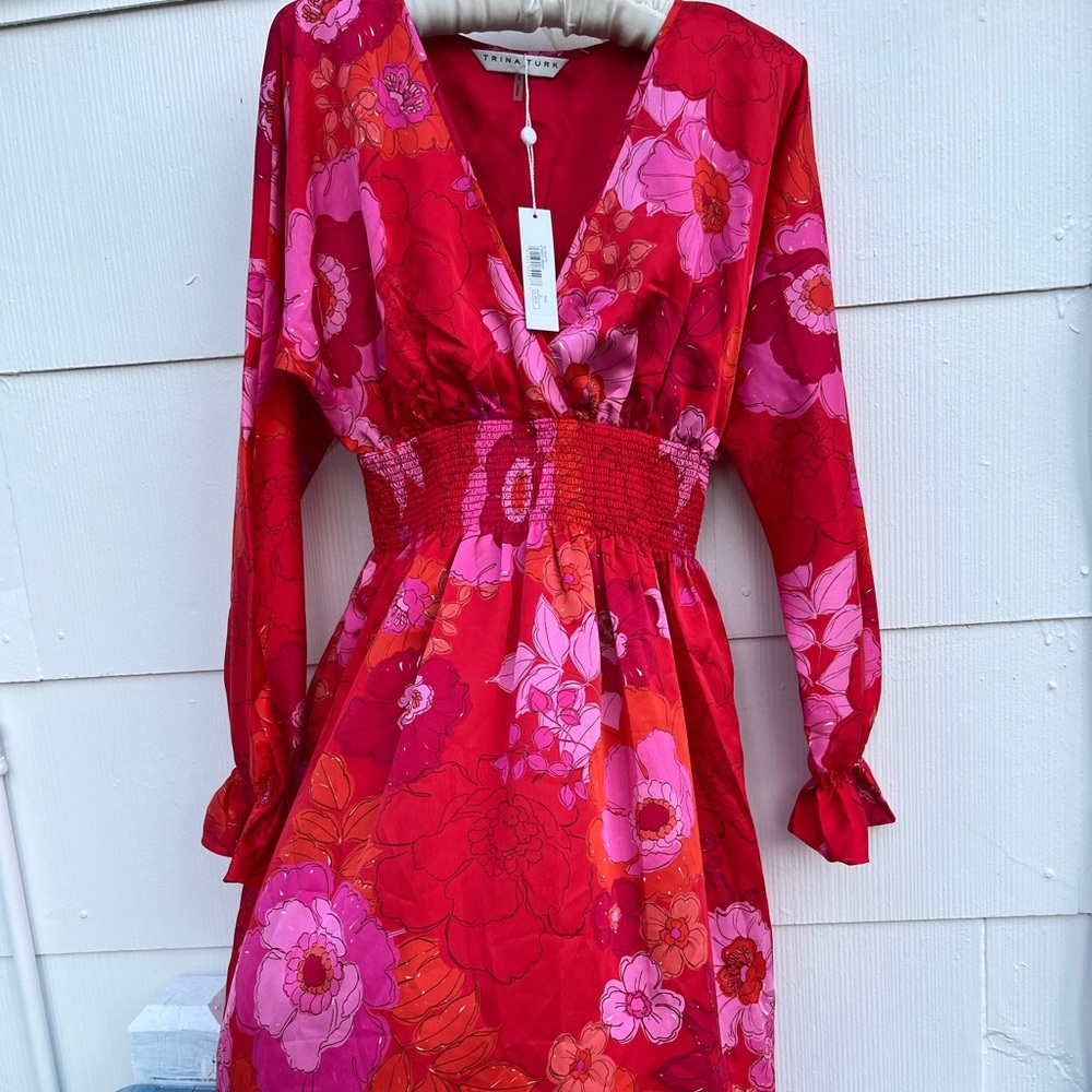 Trina Turk Vibrant Red Floral Long Sleeve Dress